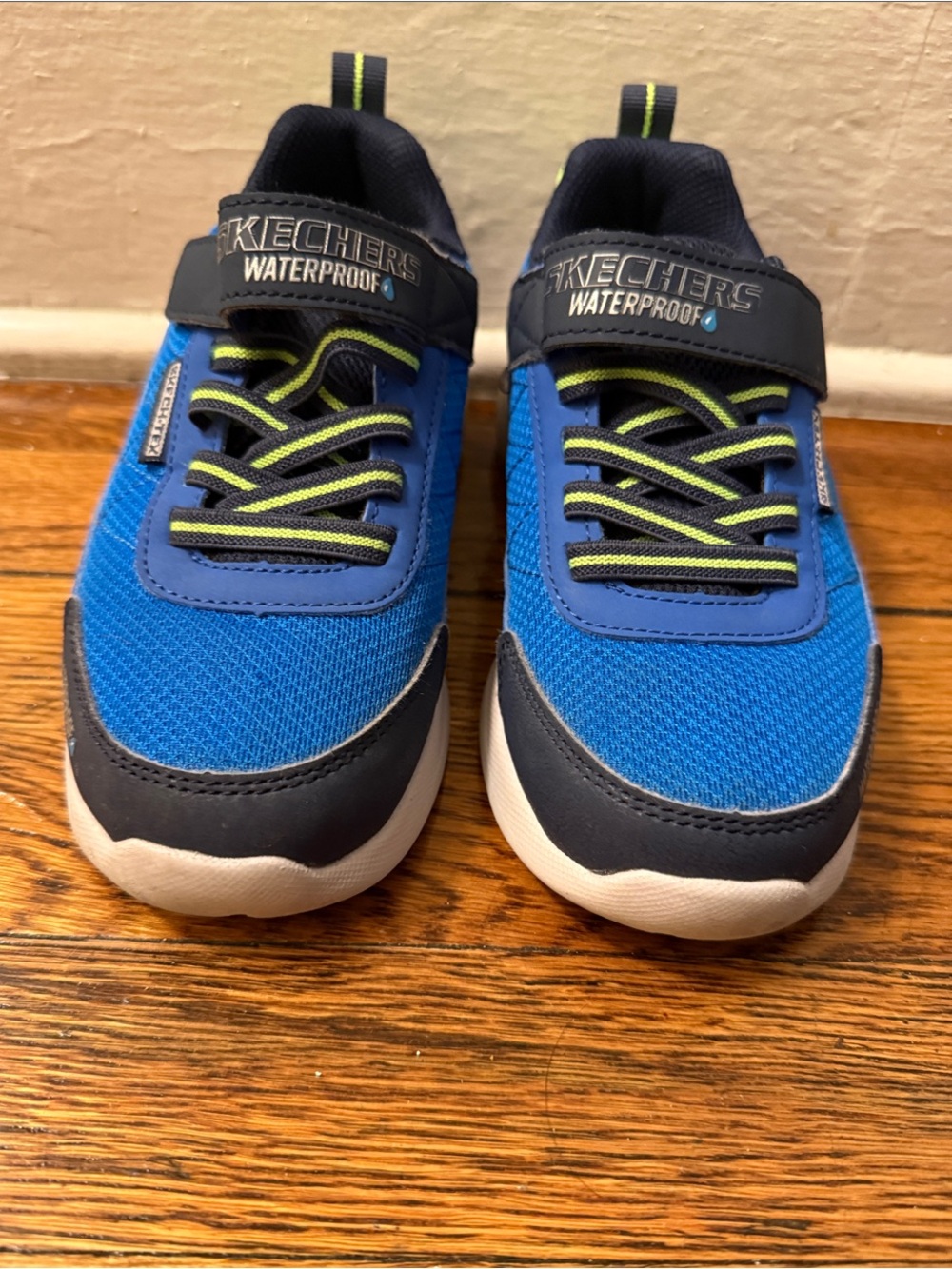 Skechers Kids Blue and Navy Waterproof Athletic Sneakers with Lime Accents